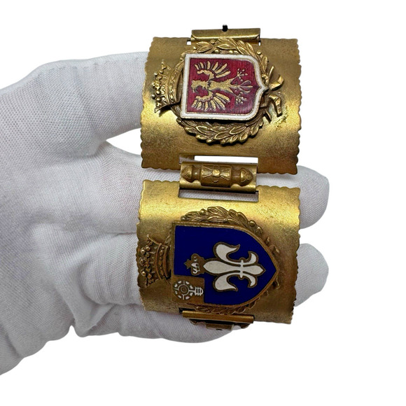 Vintage French WWII Brass Enamel Coat of Arms Link Bracelet 6.75” Approx Shield - Picture 5 of 12